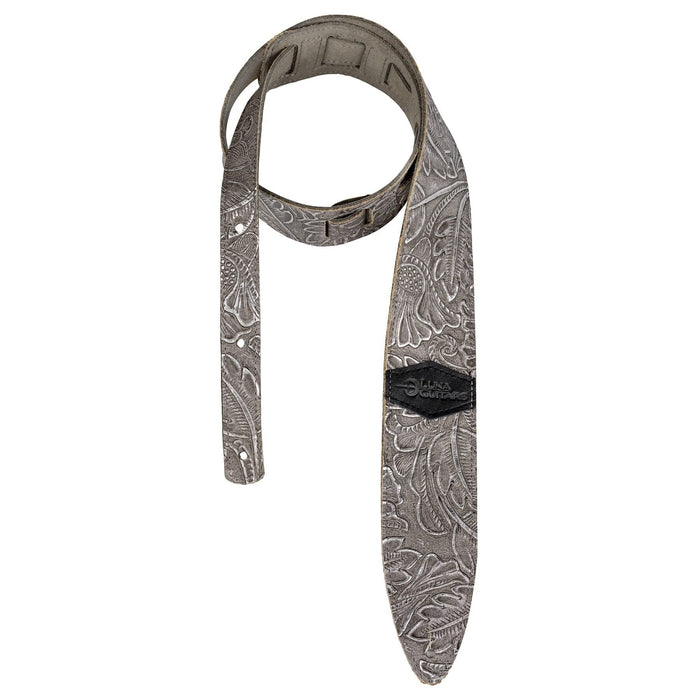 Luna Guitars Leather Fern & Leaf Silver Guitar Strap, STRAP LUNA LTH SLDR SLV