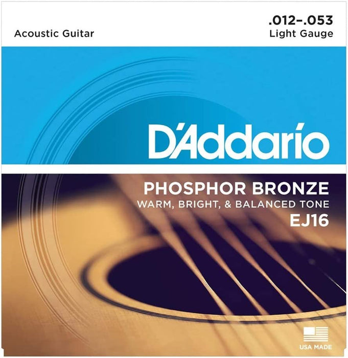 D'Addario EJ16x5 (5 sets), Acous Guit Strings, Phos/Brnz Rnd Wnd, Light (.012-.053).