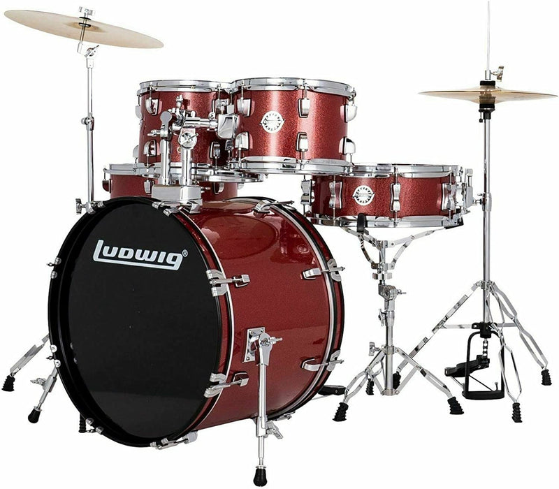 Ludwig Accent 5-piece Complete Drum Set with 22 inch Bass Drum and Wuhan Cymbals - Red Sparkle