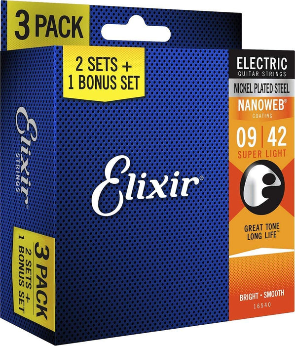 Elixir Strings 16540 Electric Guitar Strings with NANOWEB Coating, 3 Pack, Super Light (.009-.042)