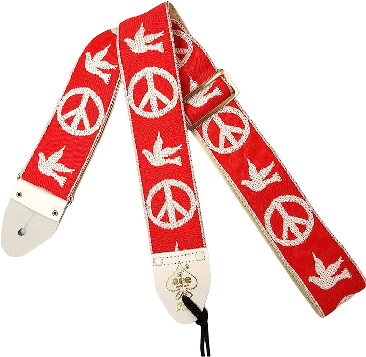 Ace Guitar Strap Vintage Style Peace Doves Design Red and White