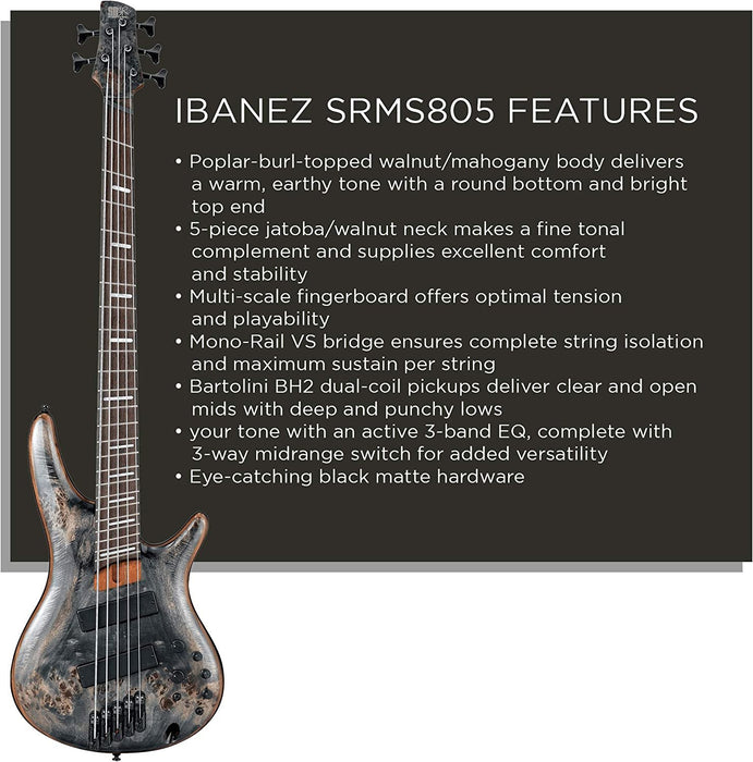 Ibanez SRMS805 Multi Scale 2018 5-String Bass Guitar, Bound Panga Panga Fingerboard, Deep Twilight