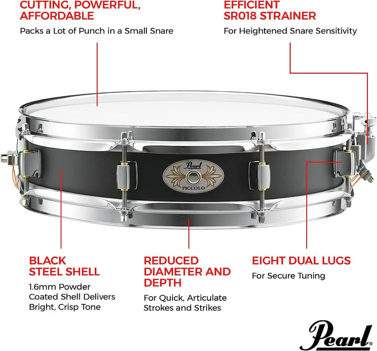 Pearl 13x3" Black Steel Effect Piccolo Snare Drum - Black (S1330B)