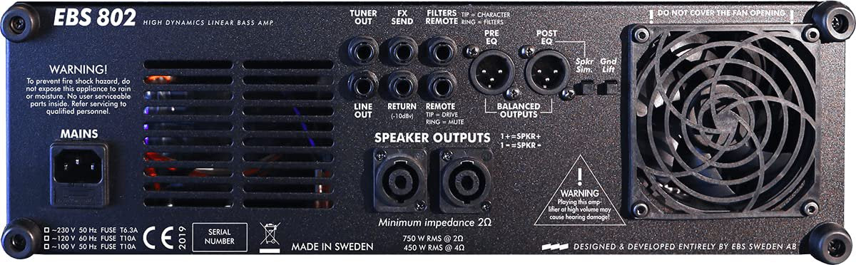 EBS 802 Professional Bass Amplifier Head - 750W RMS at 2 Ohms, 100% Analog High Dynamics Linear Design, 5-Band EQ, Dual XLR Outputs, Rack Mount, Made in Sweden