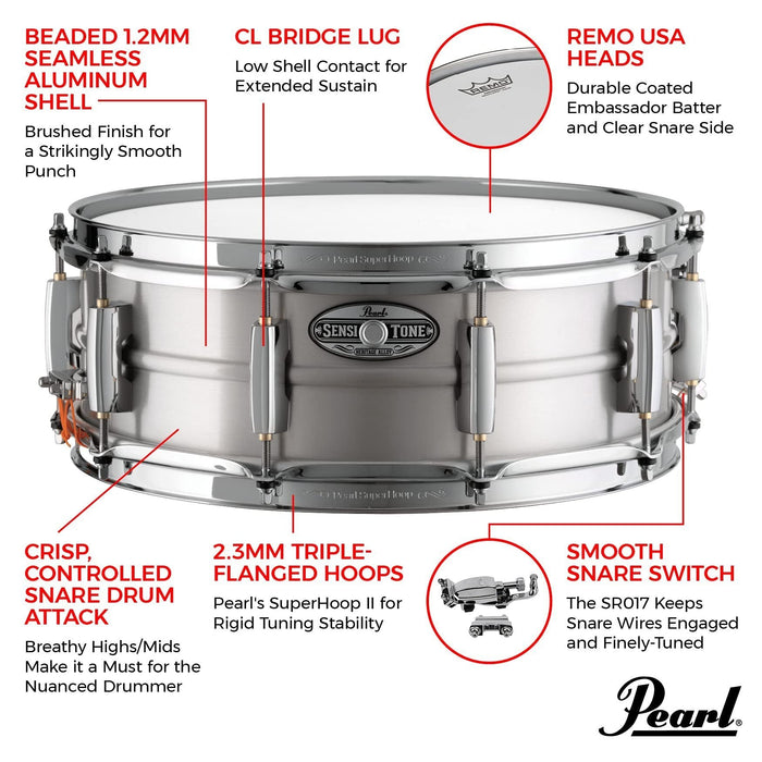 Pearl 14"x5" SensiTone Heritage Alloy Aluminum Snare Drum with Beaded Shell, 2.3mm Triple-Flanged Hoops, and 10 arched CL Lugs