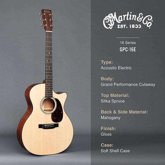 Martin Guitar GPC-16E Mahogany with Gig Bag, Acoustic-Electric Guitar, Mahogany and Sitka Spruce Construction, Gloss-Top Finish, GP-14 Fret, and Low Oval Neck Shape