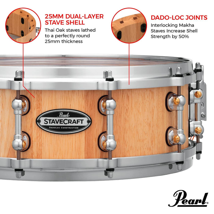 Pearl StaveCraft 14"x5" Maximum Volume Snare Drum with 20mm Thai Oak shell, Makha DadoLoc and MasterCast Die-Cast Hoops in Hand-Rubbed Natural Satin Finish