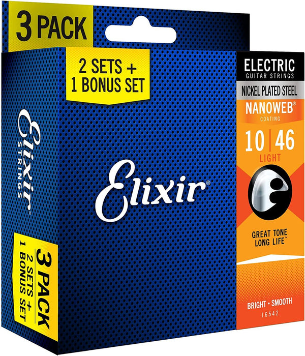 Elixir Strings 16542 Electric Guitar Strings with NANOWEB Coating, 3 Pack, Light (.010-.046)