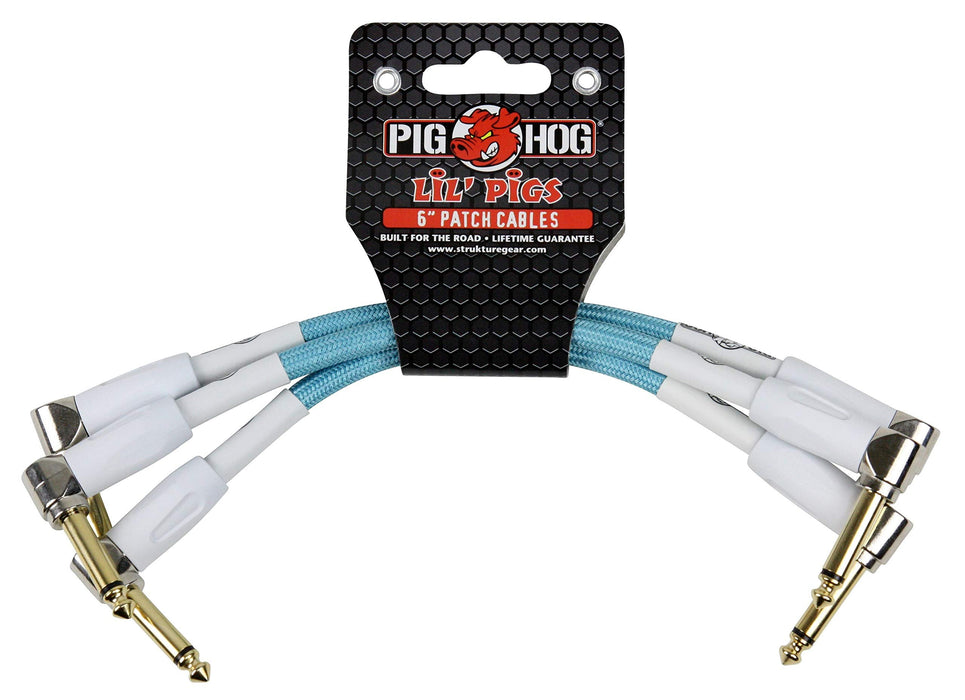 Pig Hog Lil' Pigs Right-Angle 1/4" Vintage Daphne Blue Instrument Patch Cables, 6" - 3-Pack (PHLIL6DB)