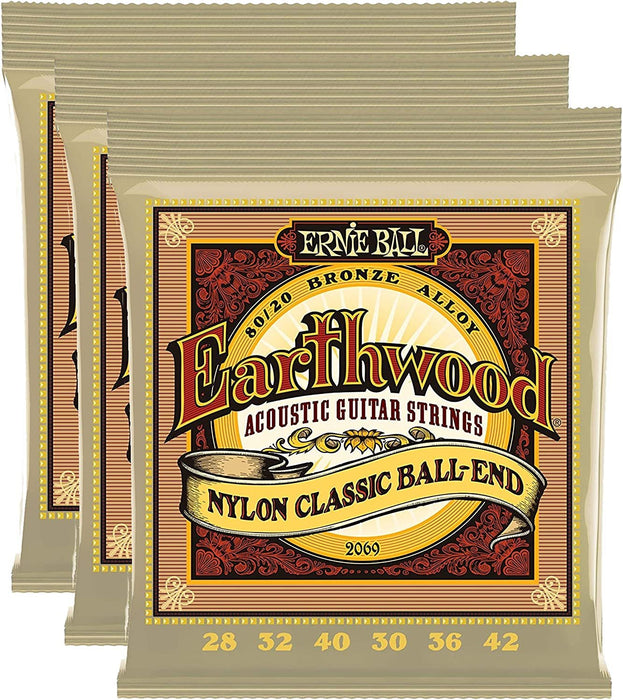 Ernie Ball 2069 Earthwood Folk Nylon Ball End Set, Clear and Gold (3 Pack Bundle)