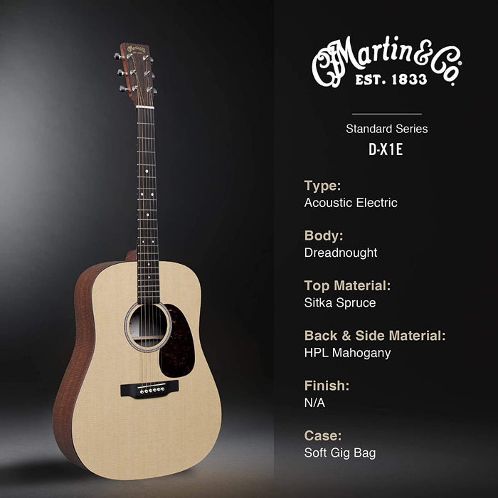 Martin Guitar X Series D-X1E Acoustic-Electric Guitar with Gig Bag, KOA Pattern High-Pressure Laminate, D-14 Fret, Performing Artist Neck Shape