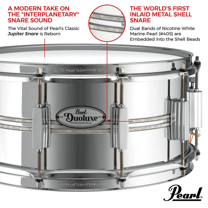 Pearl DuoLuxe 14"x6.5" Chrome-over-Brass Inlaid Snare Drum with twin Nicotine White Marine Pearl Inlays and Classic BSL Lugs (DUX1450BR405)