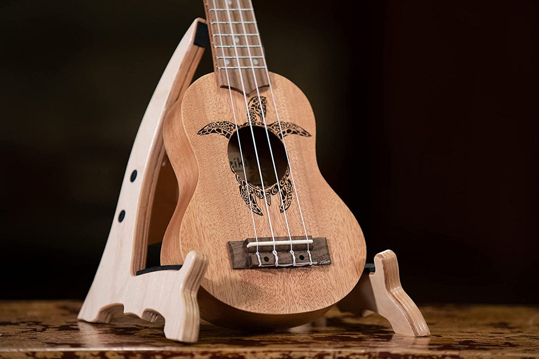 Ortega Guitars, 4-String Keiki Series Sopranino Ukulele with Turtle Etching, Right, Transparent black, (K1-CO)