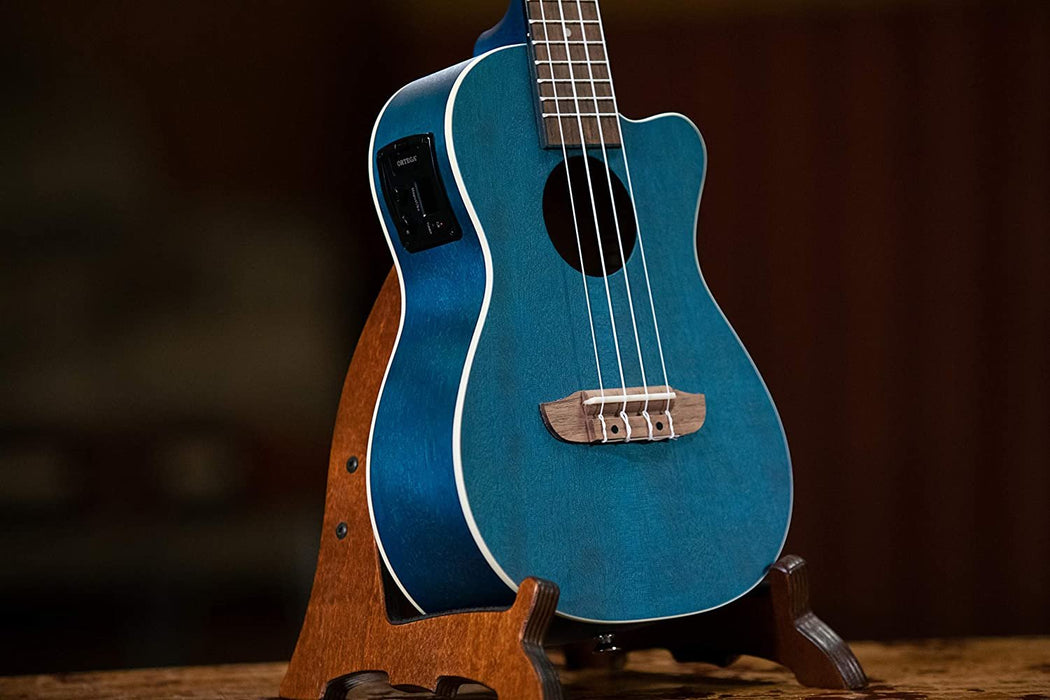 Ortega Guitars, 4-String Earth Series Concert Acoustic/Electric Ukulele, Right, Transparent Ocean Blue, (RUOCEAN-CE)