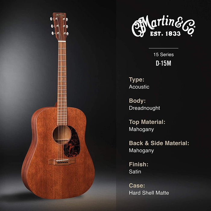 Martin Guitar D-15M StreetMaster with Gig Bag, Acoustic Guitar for the Working Musician, Mahogany Construction, Distressed Satin Finish, D-14 Fret, and Low Oval Neck Shape