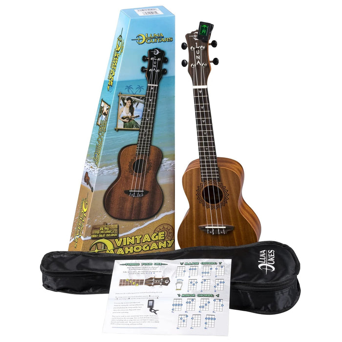 Luna Vintage Mahogany Concert Ukulele Pack w/Tuner and Bag (UKE VMC PACK)