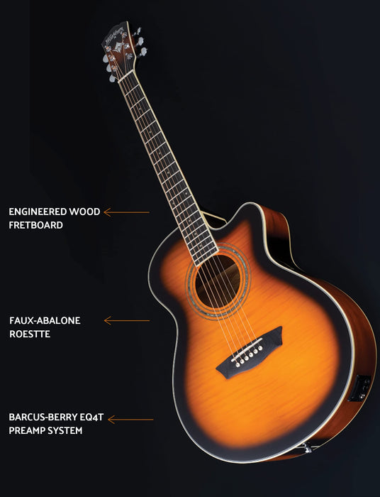 Washburn Festival Series Mini Jumbo Cutaway Acoustic Electric Guitar, Tobacco Burst (EA15ATB-A-U)