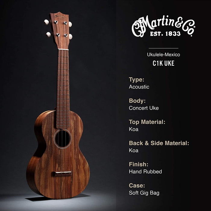 Martin Guitar C1K Acoustic Ukulele with Gig Bag, Hawaiian Koa Wood Construction, Hand-Rubbed Finish, Concert Ukulele Neck Shape with Standard Taper