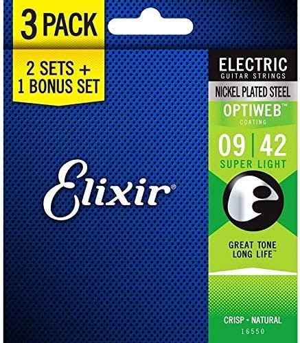 Elixir Strings 16550 Guitar Strings with OPTIWEB Coating, 3 Pack, Super Light (.009-.042)