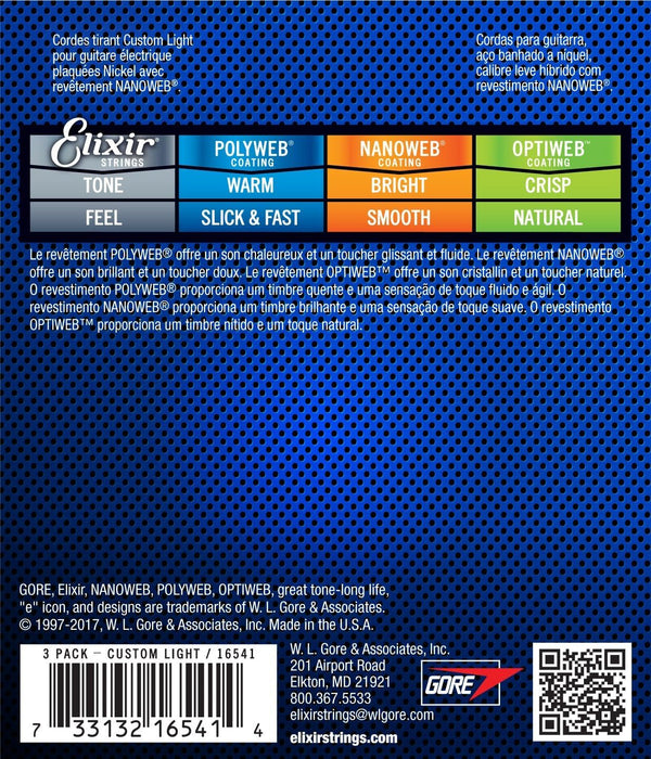 Elixir Strings 16541 Nickel Plated Steel Electric Guitar Strings with Nanoweb Coating, Set of 3 Pieces