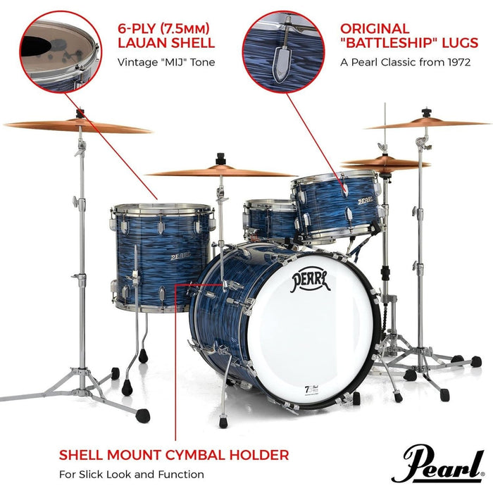 Pearl President Series Deluxe 3-piece 75th Anniversary Edition Shell Pack in Ocean Ripple (#767) covered finish featuring 22"x14" Bass Drum w/Cymbal Holder, 13"x9" Tom, and 16"x16" Floor Tom