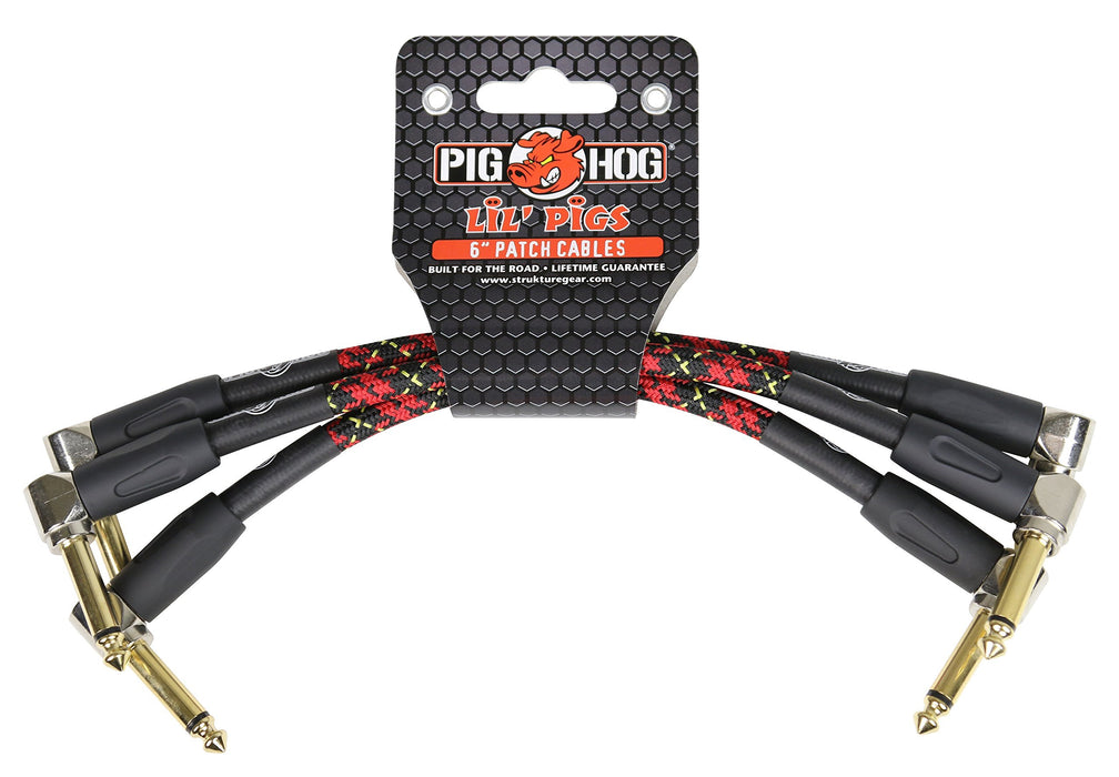 Pig Hog Lil' Pigs Right-Angle 1/4" Vintage Tartan Plaid Instrument Patch Cables, 6" - 3-Pack (PHLIL6PL)