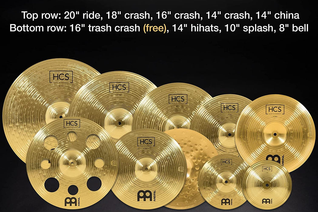 Meinl Cymbals HCS Ultimate Cymbal Set Box Pack for Drums with Hihats, Ride, China, Splash, Bell and Free 16” Trash Crash — Made in Germany — Durable Brass, 2-Year Warranty SCS1