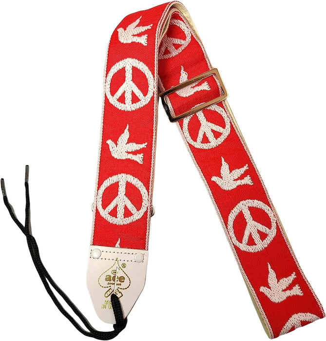 Ace Guitar Strap Vintage Style Peace Doves Design Red and White
