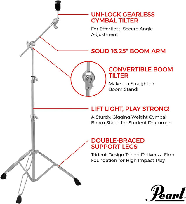 Pearl BC830 Double-Braced Cymbal Boom Stand, Medium Weight Boom Stand with Gearless UniLock Cymbal Tilter, Three-Tier Height Adjustment, and Sturdy Double-Braced legs.