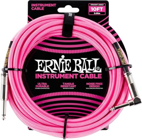 Ernie Ball Braided Instrument Cable Set Straight/Angle Length 10ft in Neon Pink (P06078) - Pack of 2