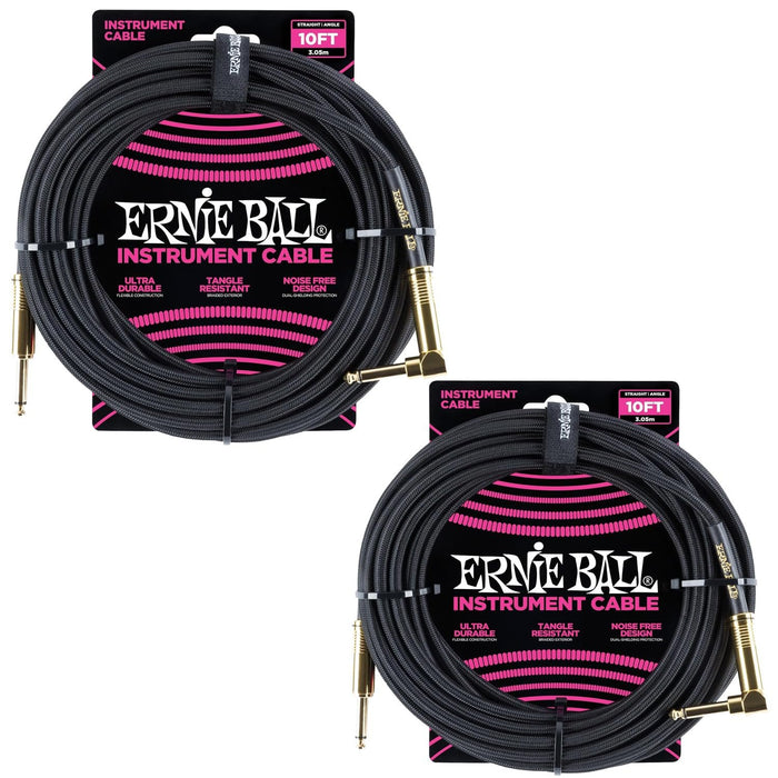 Ernie Ball Braided Instrument Cable Set Straight/Angle Length 10ft in Black (P06081) - Pack of 2