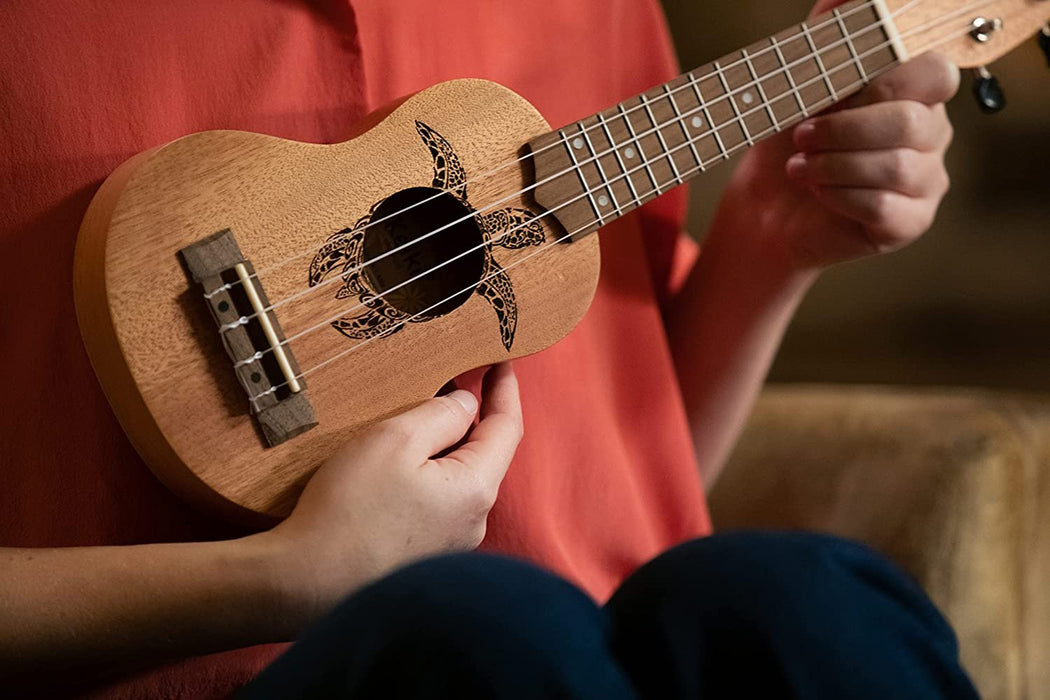 Ortega Guitars, 4-String Keiki Series Sopranino Ukulele with Turtle Etching, Right, Transparent black, (K1-CO)