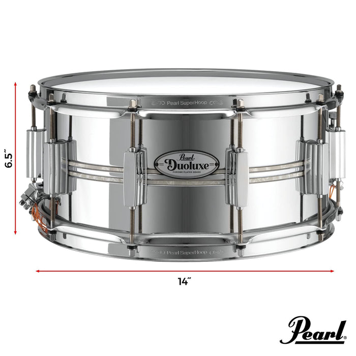 Pearl DuoLuxe 14"x6.5" Chrome-over-Brass Inlaid Snare Drum with twin Nicotine White Marine Pearl Inlays and Classic BSL Lugs (DUX1450BR405)