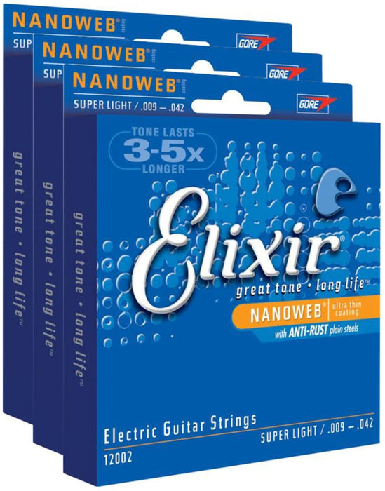 3 Sets of Elixir 12002 Super Light Electric Strings (9-42) (Nanoweb)