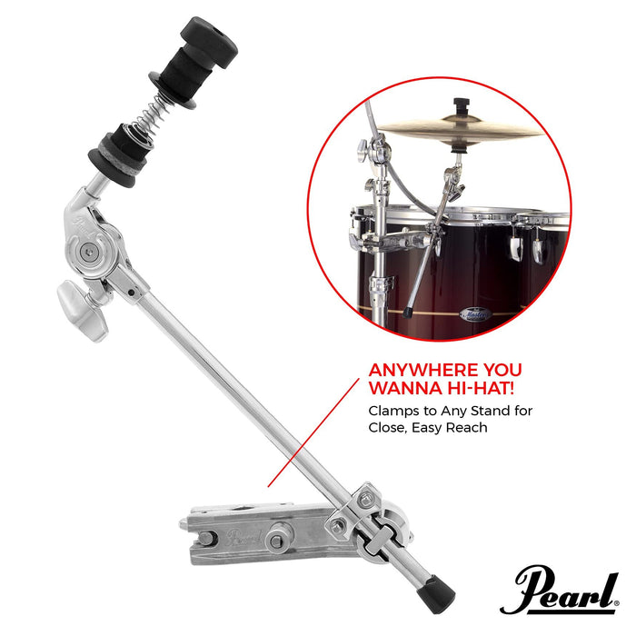 Pearl CLH70 Closed Hi-Hat Holder with 15" Solid Boom Arm, Multi-Angle Mounting Clamp, UniLock Gearless Cymbal Tilter, and Spring-Adjustable Cymbal Spread.