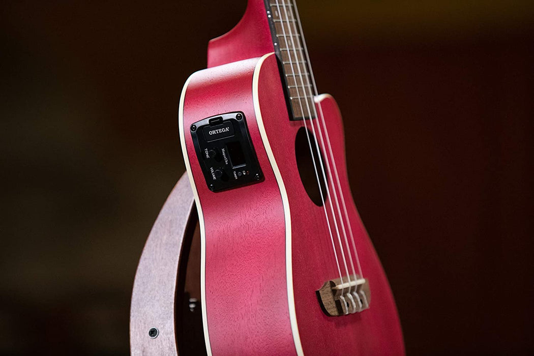 Ortega Guitars, 4-String Earth Series Concert Acoustic/Electric Ukulele, Right, Ruby Raspberry, (RURUBY-CE)