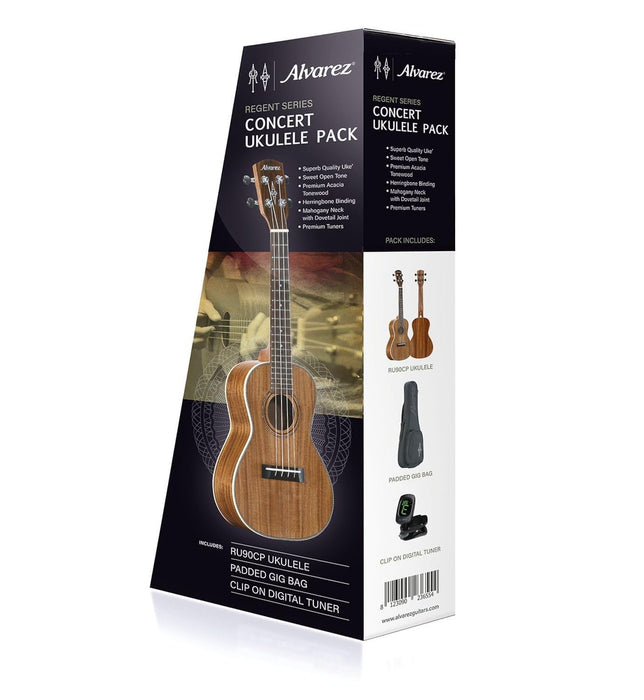 Alvarez Regent RU90CP 4-String Concert Acoustic Ukulele Pack with Tuner and Gig Bag, 18 Frets, Mahogany Neck, Techwood Fingerboard, Acacia Top and Side, Natural Satin