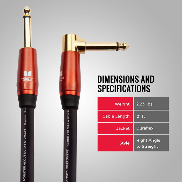 Monster Prolink Acoustic Instrument Cable. 21 ft Guitar Cable. Right Angle to Straight Monster Cable w/ Superior Delivery Speed. Rich & Clean Sound Monster Cord. Monster Instrument Cable