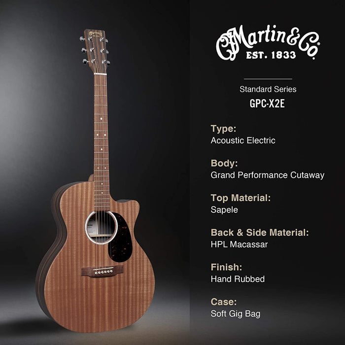 Martin Guitar X Series GPC-X2E Acoustic-Electric Guitar with Gig Bag, Mahogany Pattern High-Pressure Laminate, 14 Fret Cutaway, Performing Artist Neck Shape