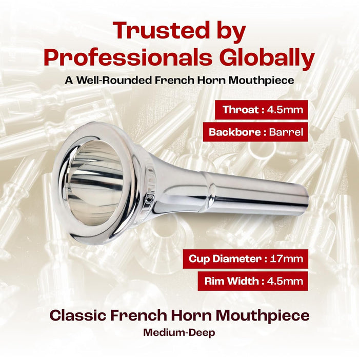 Denis Wick French Horn Narrow Rim Classic Mouthpiece Silver Plated 7N | Cup 17mm | Rim 3.85mm