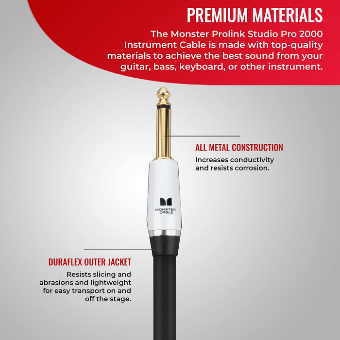Monster Prolink Studio Pro 2000 Instrument Cable. 21 ft Straight to Straight Cable. 95% Copper Braided Electric Guitar Cable. Duraflex Protective Jacket w/ 24k Gold Contacts