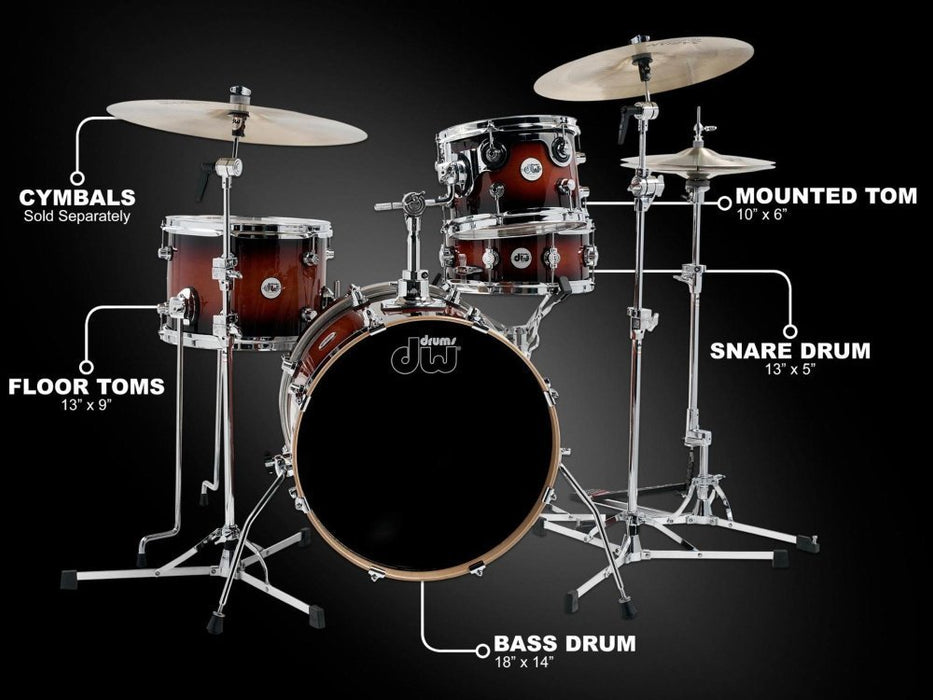 DW Design Series Mini Pro 4-Piece Maple Shell Pack, Tobacco Burst Gloss Lacquer w/Chrome Hardware (DDLG1804TB)