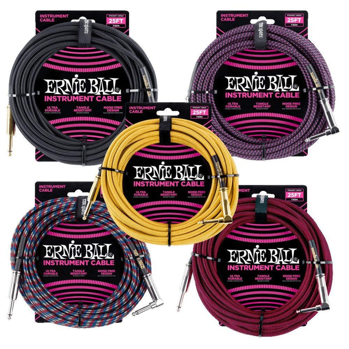 Ernie Ball Braided Instrument Cable, Straight/Angle, 25ft, Red/Black (P06062)