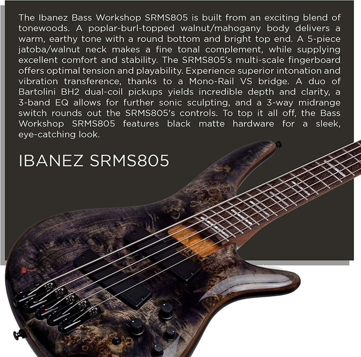 Ibanez SRMS805 Multi Scale 2018 5-String Bass Guitar, Bound Panga Panga Fingerboard, Deep Twilight