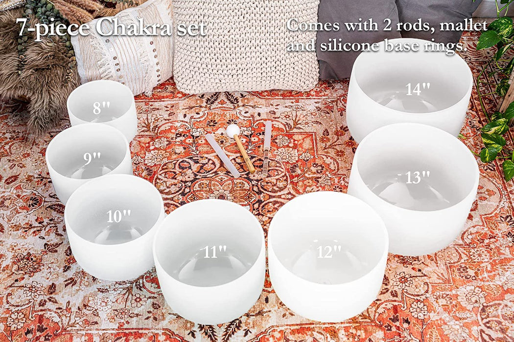 Crystal Singing Bowl Set, 7 Pieces, High-purity Quartz 432 Hz Tuning — for Meditation, Chakra Healing, Sound Therapy and Yoga, White Frosted, 2-YEAR WARRANTY