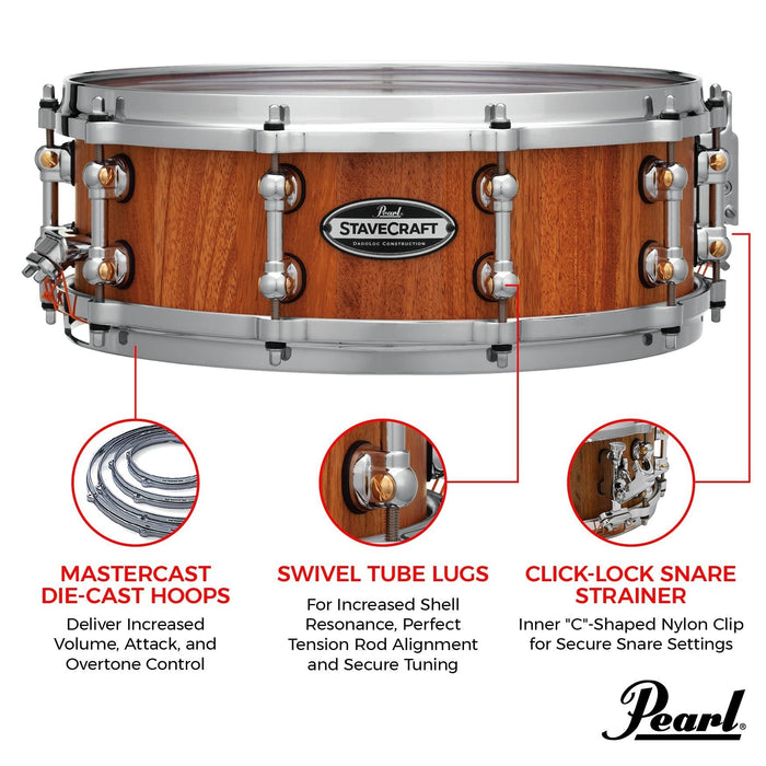 Pearl StaveCraft 14"x5" Maximum Volume Snare Drum with 20mm Makha shell, Thai Oak DadoLoc and MasterCast Die-Cast Hoops in Hand-Rubbed Natural Satin Finish