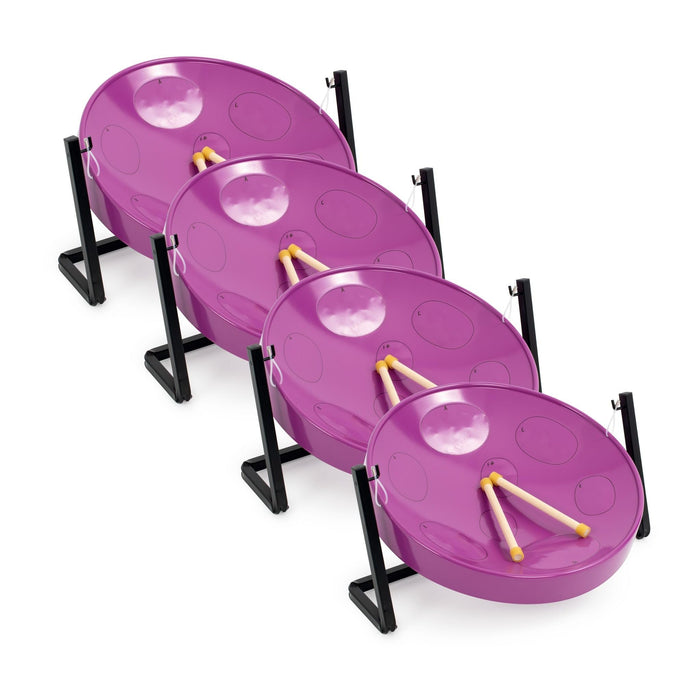 Panyard W1092 Jumbie Jam Educator Purple Steel Drum Pan 4-Pack with Metal Tube Table Stand