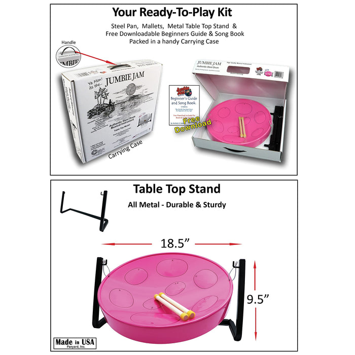 Panyard JJ Jumbie Jam Steel Ready to Play Kit-Pink G-Major with Table Top Stand-Made in USA Authentic Pan (W1086)