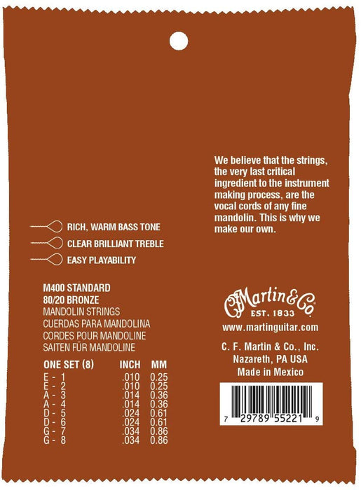 Martin Guitar Mandolin Strings M400, 80/20 Bronze, Standard-Gauge Mandolin Strings