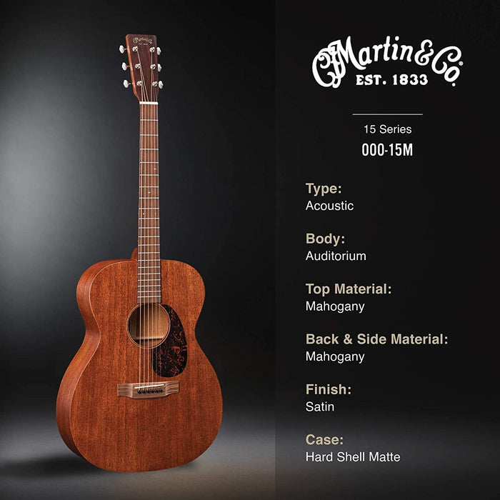 Martin Guitar 000-15M with Gig Bag, Acoustic Guitar for the Working Musician, Mahogany Construction, Satin Finish, 000-14 Fret, and Low Oval Neck Shape